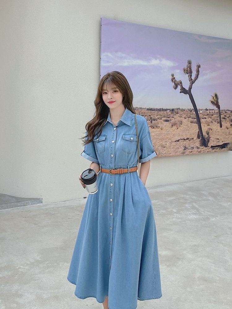 Korean Style A Line Shirt Dress - Женское джинсовое платье 2026 года, летнее,
