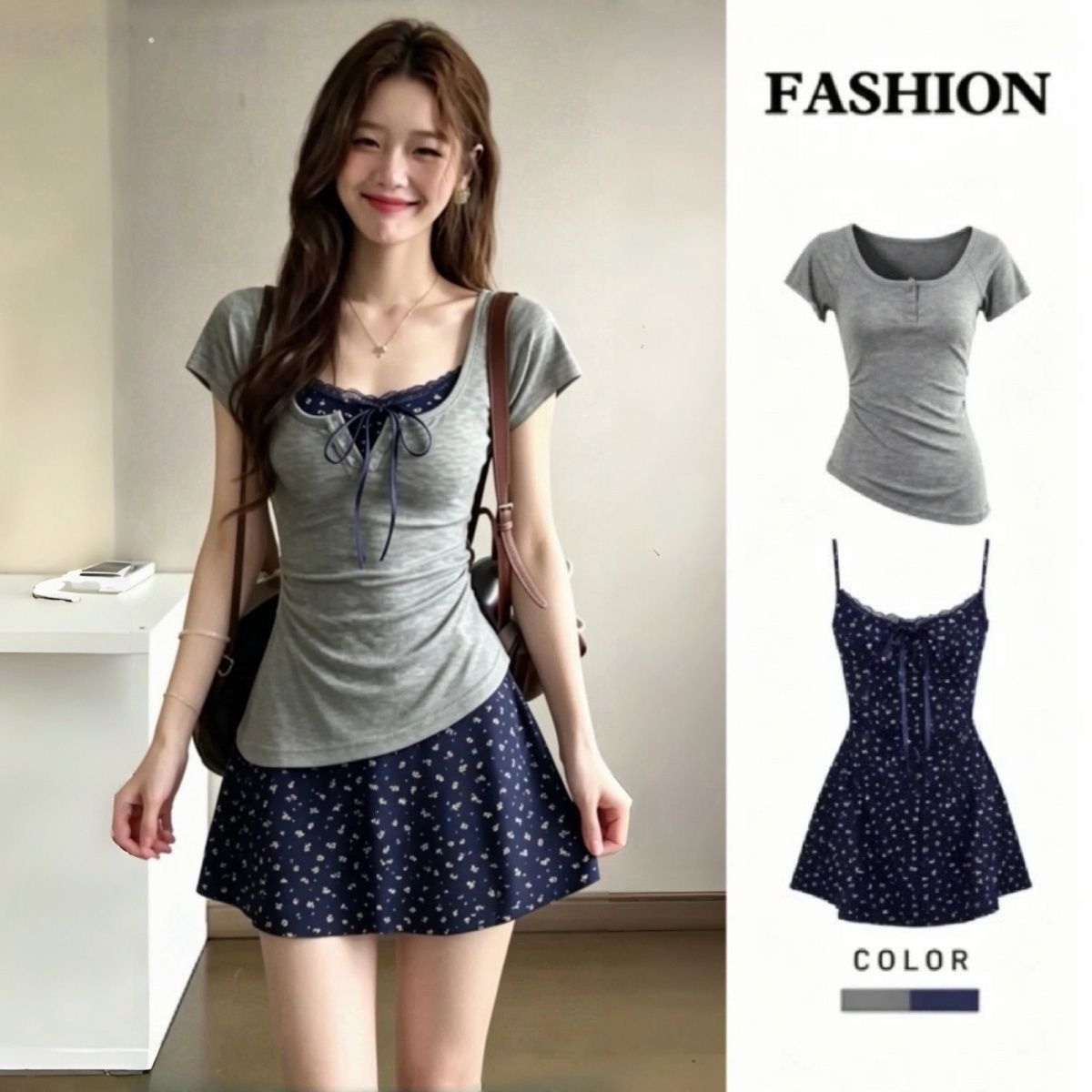 Korean Style A Line Shirt Dress - Женский летний комплект из двух предметов: