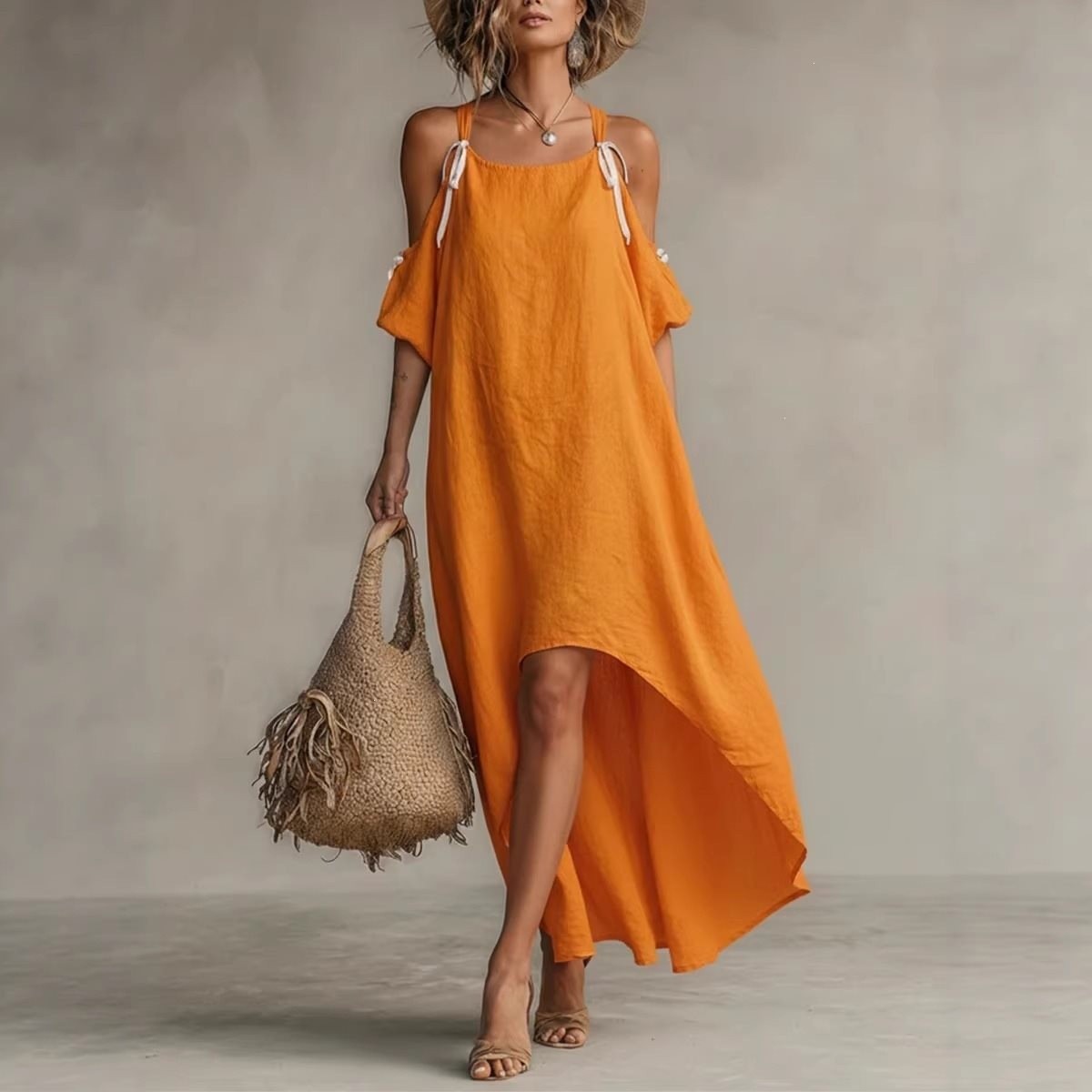 Off Shoulder Puff Sleeve Sundress - Летнее женское платье с пышными рукавами