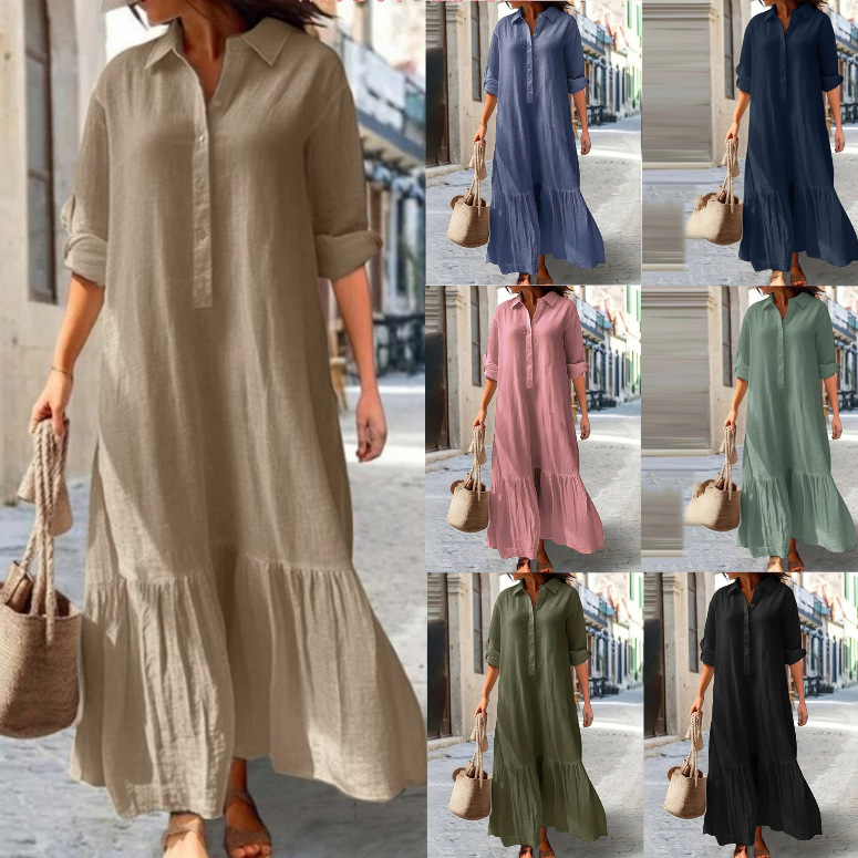 Casual Loose Linen Shirt Dress - Женское льняное платье-рубашка 2025 года —