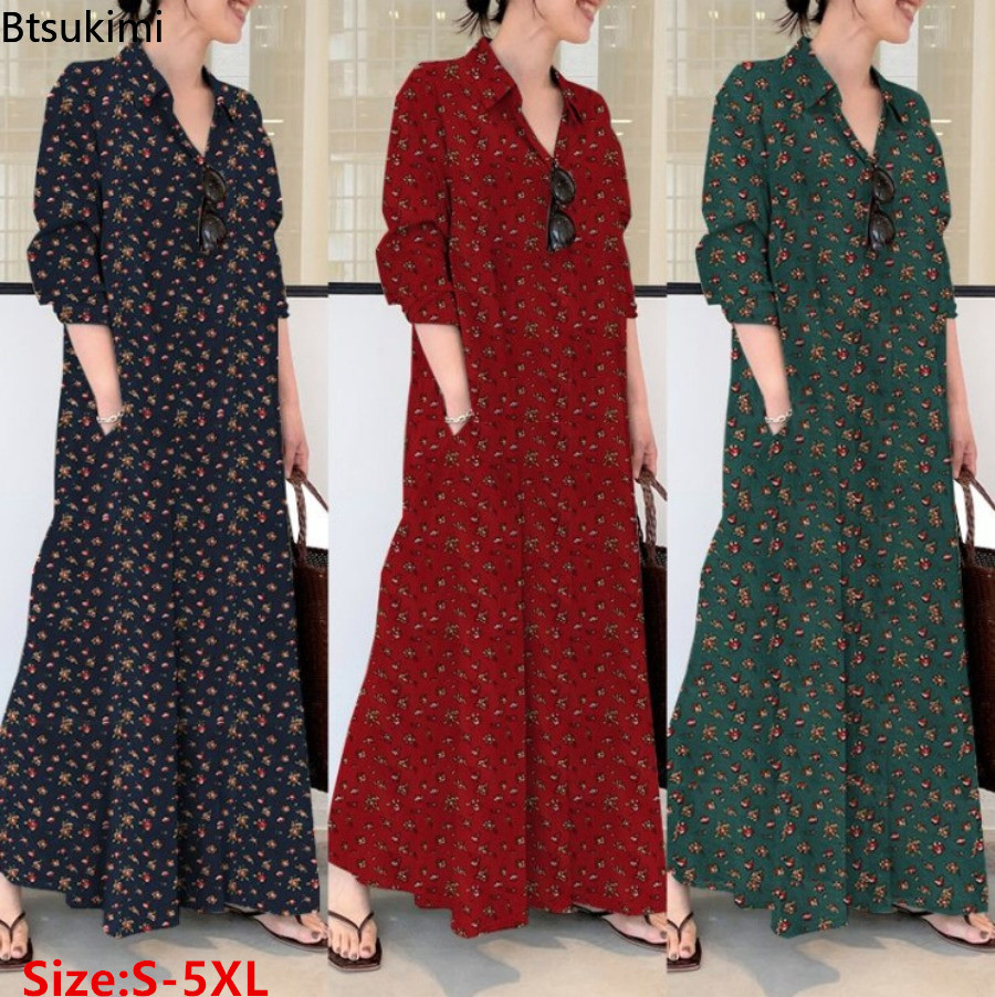 Casual Loose Linen Shirt Dress - Новое женское длинное платье-рубашка с принтом,