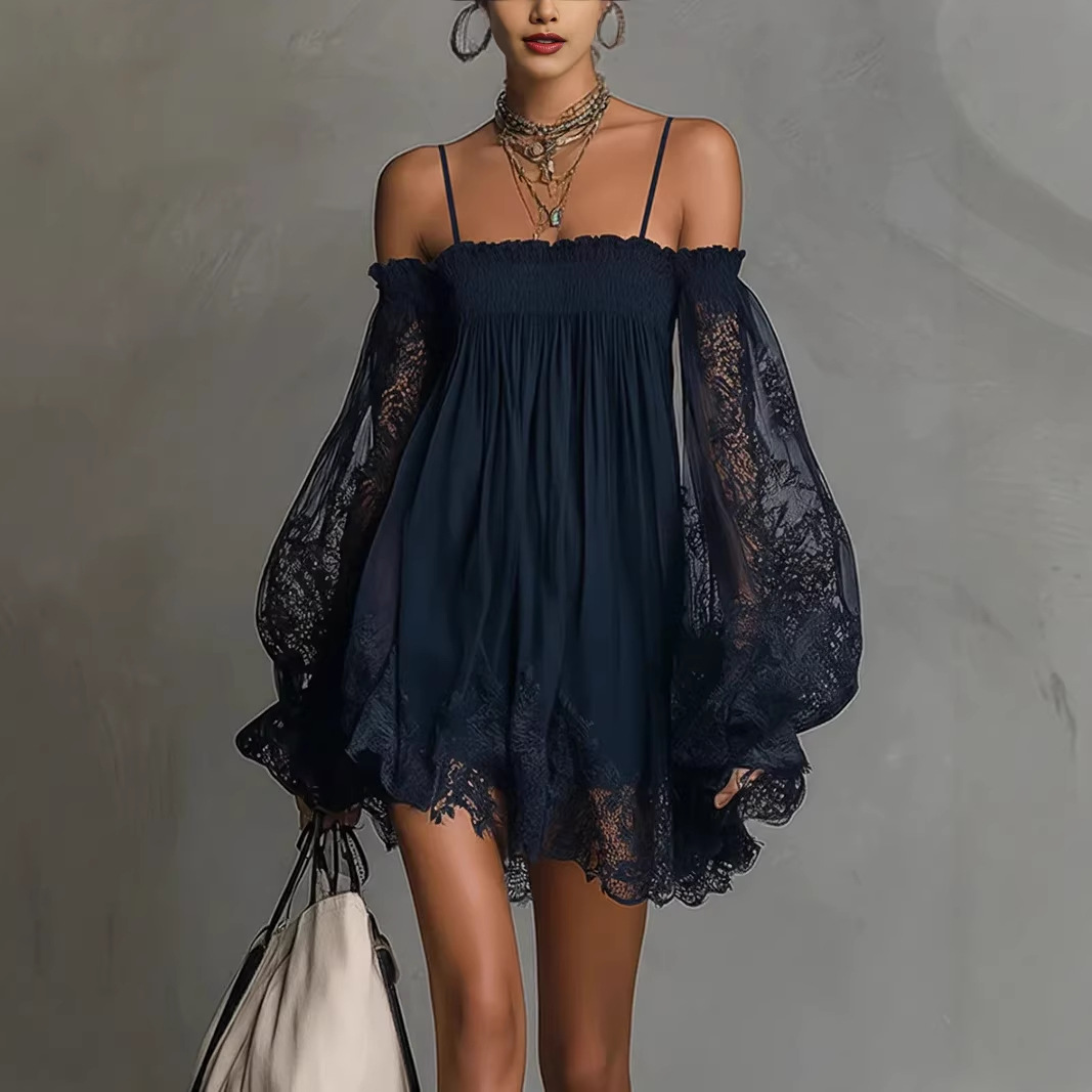 Off Shoulder Puff Sleeve Sundress - Платье-мини с открытыми плечами, кружевом и