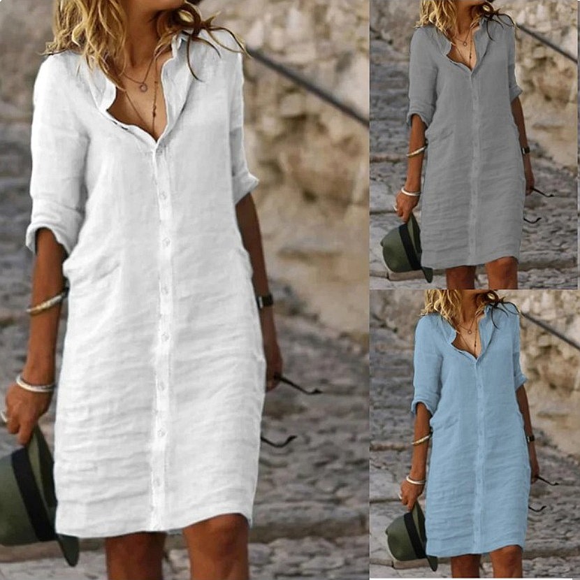 Casual Loose Linen Shirt Dress - Свободного кроя платье-рубашка миди на пуговицах