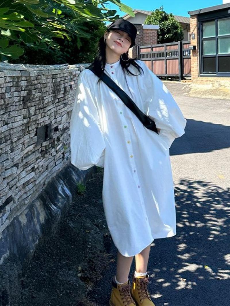 Korean Style A Line Shirt Dress - Женское платье-рубашка больших размеров с длинным