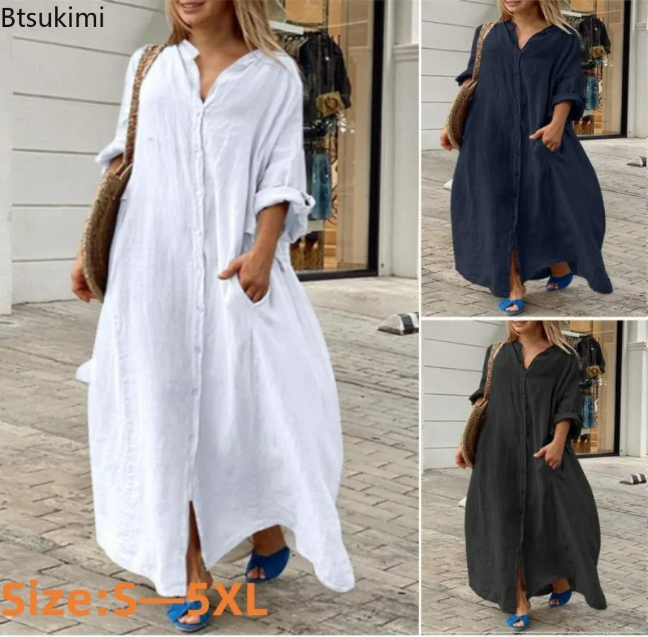 Casual Loose Linen Shirt Dress - Женское повседневное хлопково-льняное длинное платье 2026