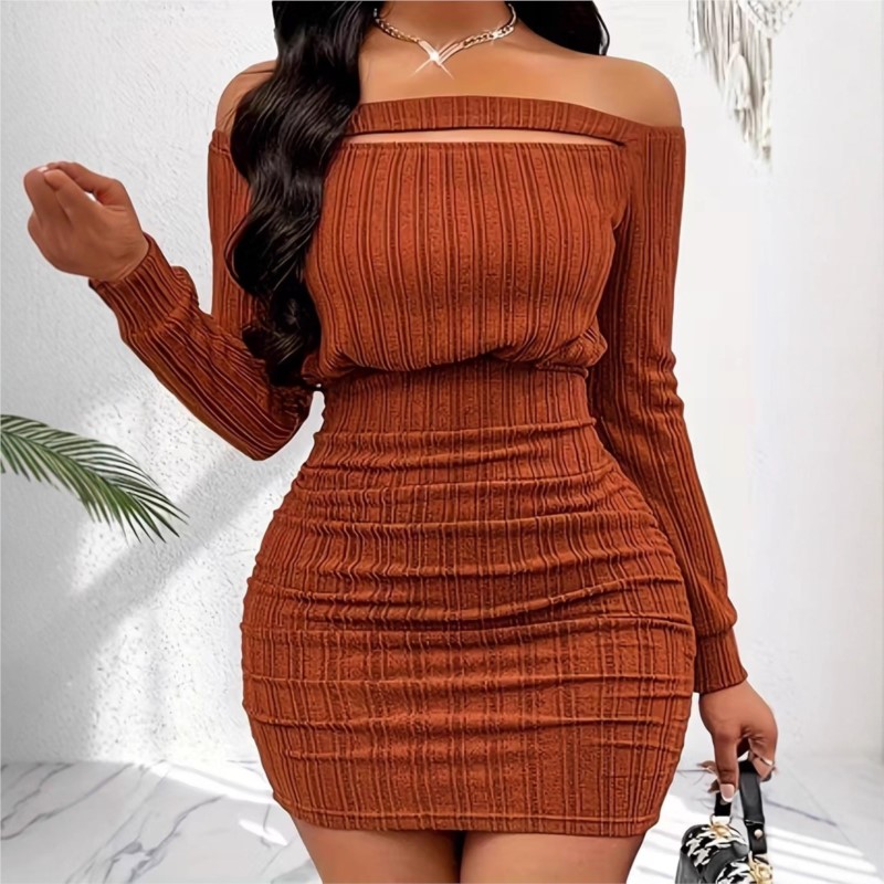 Bodycon Long Sleeve Ribbed Dress - Женское модное платье на весну и