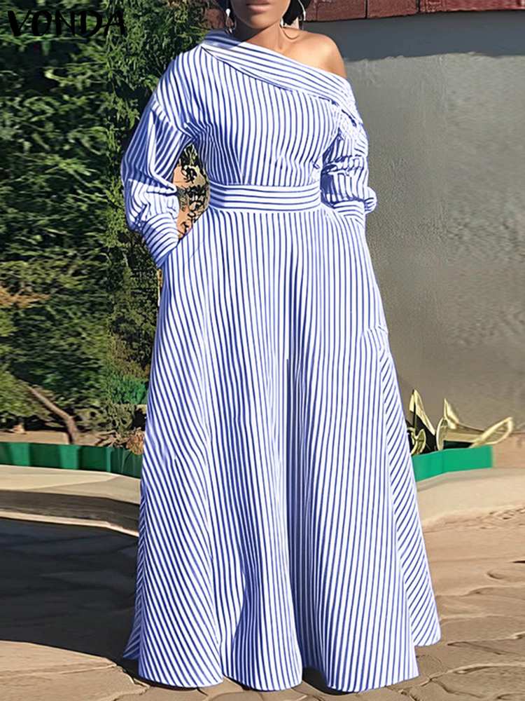 Off Shoulder Puff Sleeve Sundress - VONDA 2024, женское элегантное полосатое платье