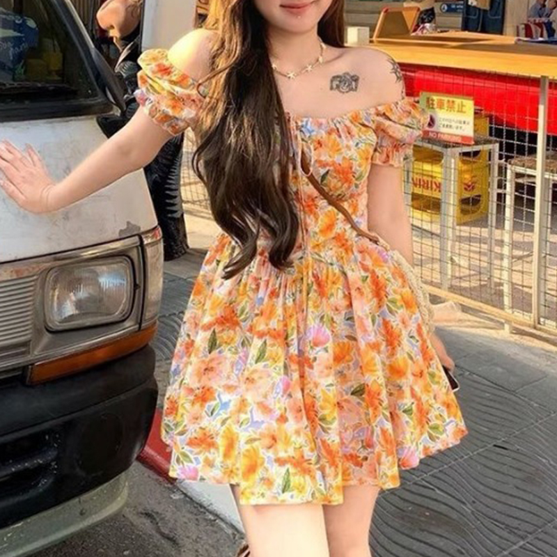 Off Shoulder Puff Sleeve Sundress - Женское оранжевое мини-платье с цветочным принтом,