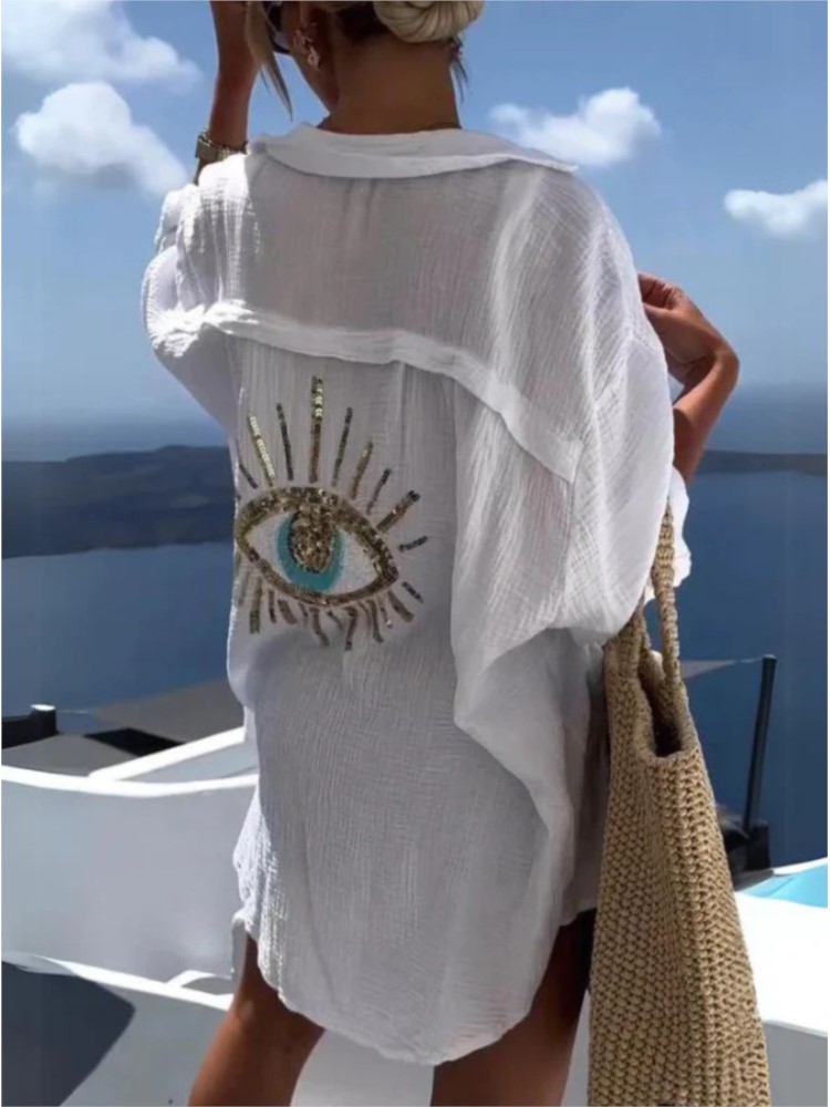 Casual Loose Linen Shirt Dress - Женское платье-рубашка с блестками, повседневное свободное