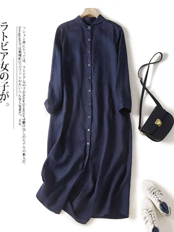 Casual Loose Linen Shirt Dress - Повседневное хлопково-льняное платье-рубашка свободного кроя с