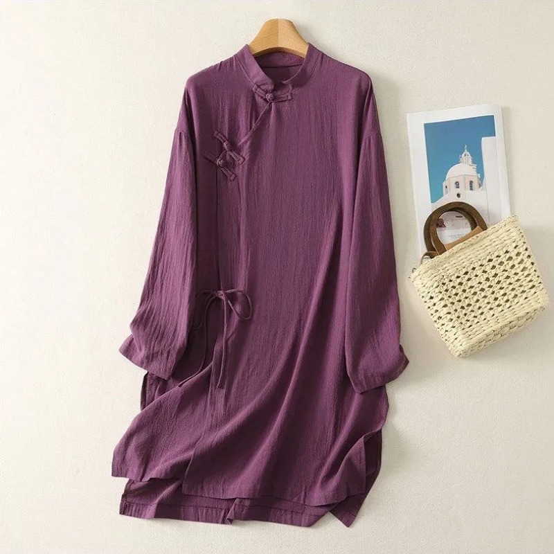 Casual Loose Linen Shirt Dress - Женское льняное платье-туника в китайском стиле