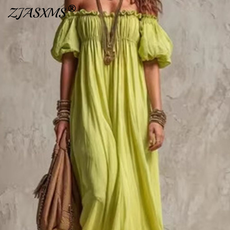 Off Shoulder Puff Sleeve Sundress - Женское летнее платье макси с эластичной
