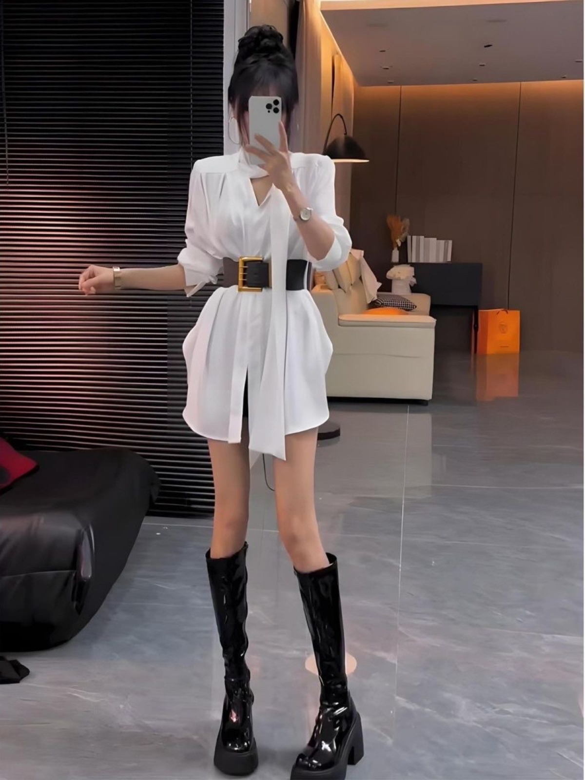 Korean Style A Line Shirt Dress - Белое шелковое платье-рубашка женское осеннее с