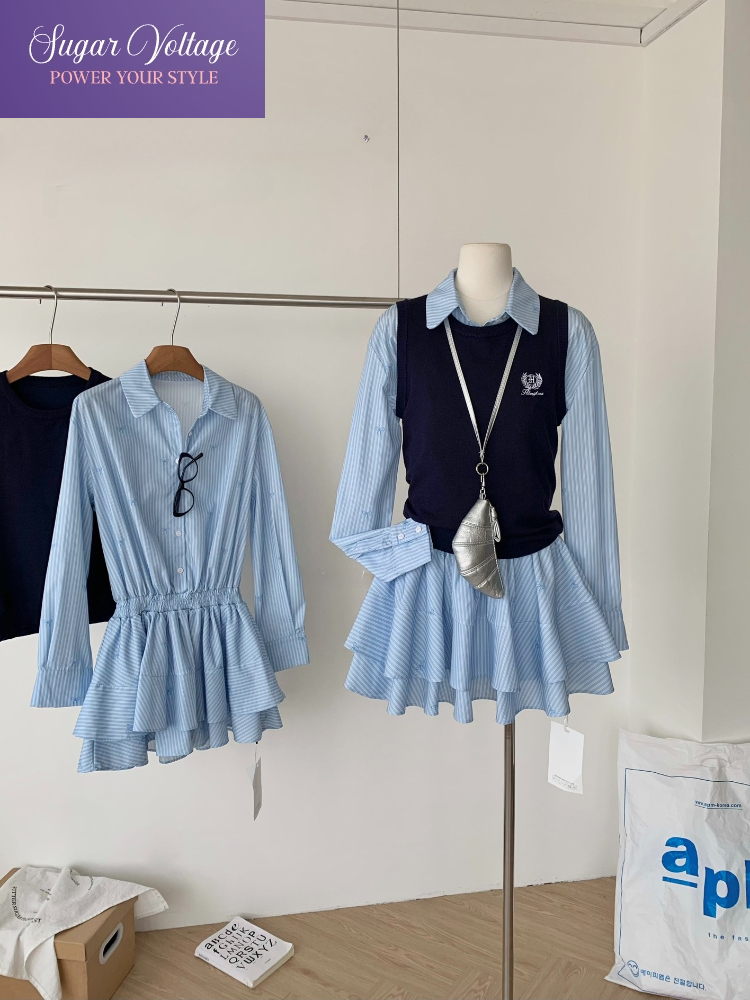 Korean Style A Line Shirt Dress - Весенне-осенний корейский модный комплект из двух