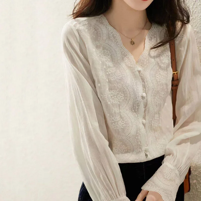 Casual Loose Linen Shirt Dress - GELITAYIN льняная блузка с v-образным вырезом