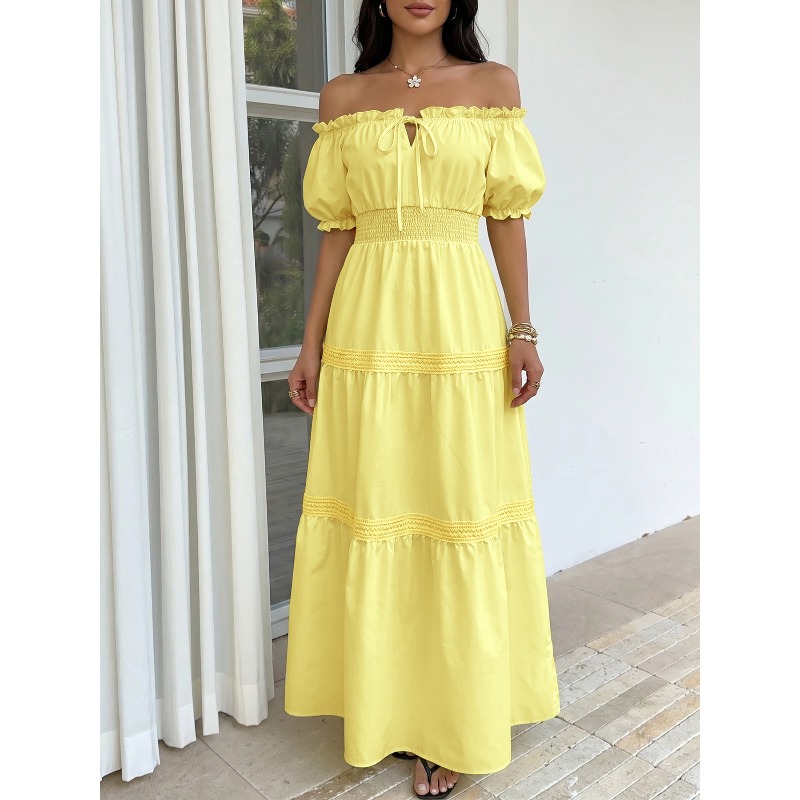Off Shoulder Puff Sleeve Sundress - Летнее богемное женское желтое платье макси