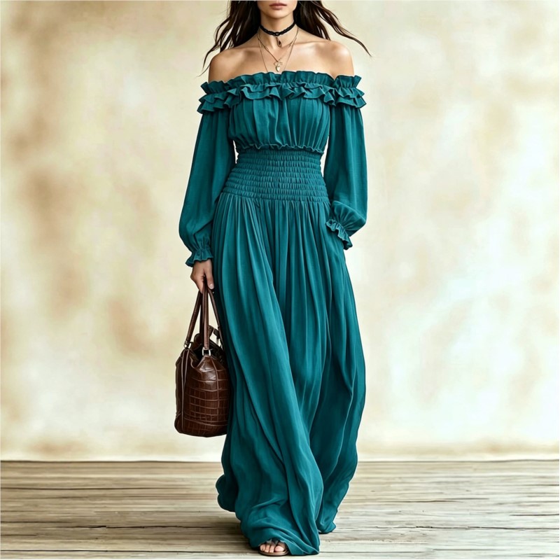 Off Shoulder Puff Sleeve Sundress - Модные макси-платья с открытыми плечами для