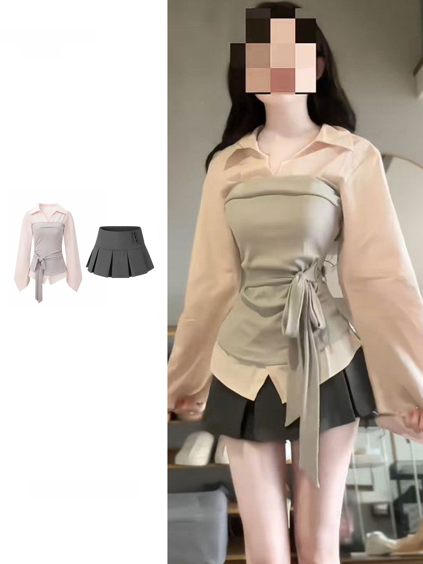 Korean Style A Line Shirt Dress - Женский комплект в корейском стиле: рубашка