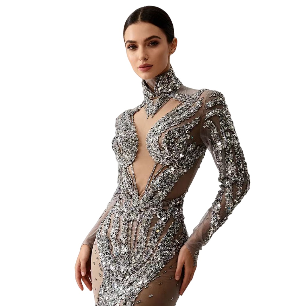 Sparkly Rhinestone Club Party Dress - Серебряное облегающее мини-платье с блестками и