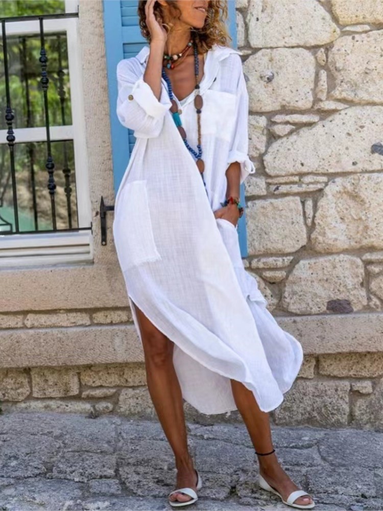 Casual Loose Linen Shirt Dress - Белое женское платье-рубашка, однотонное свободное длинное