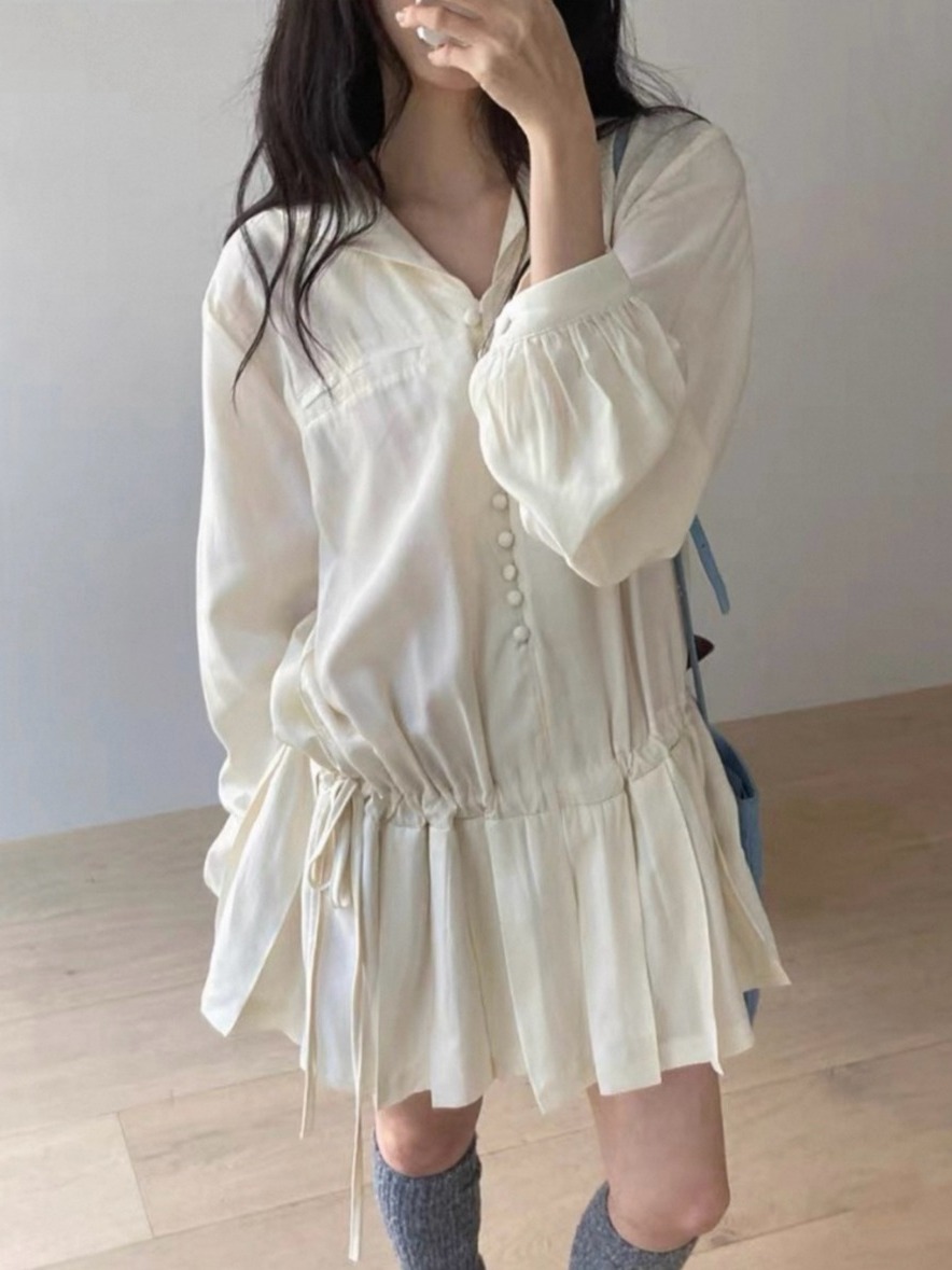 Korean Style A Line Shirt Dress - Женское платье-рубашка с длинным рукавом, стройнящее