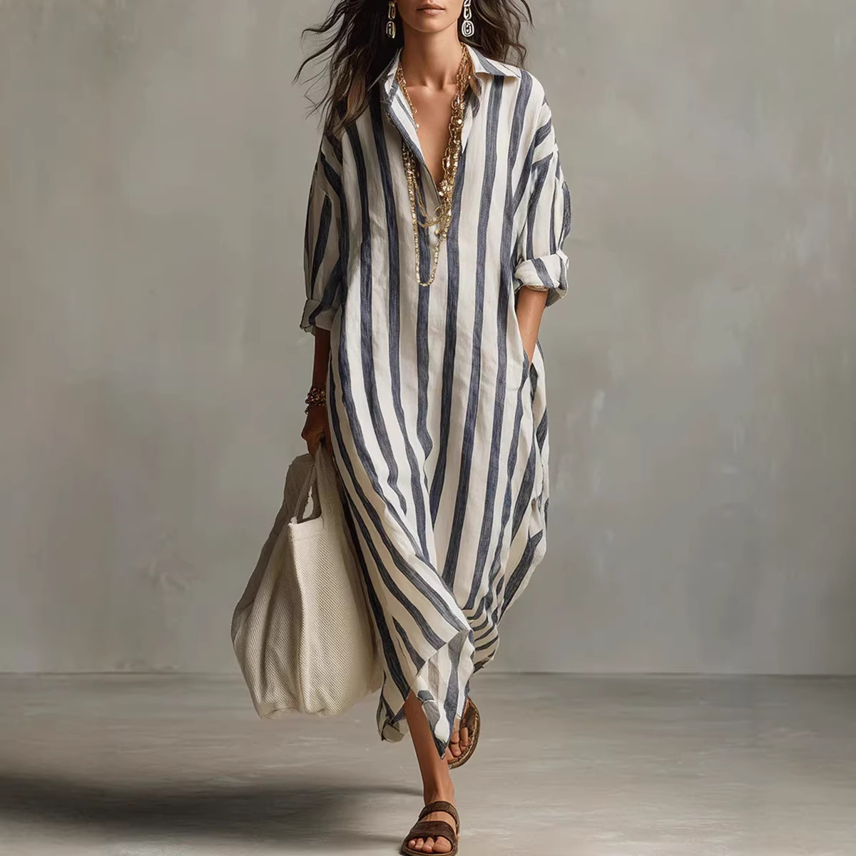 Casual Loose Linen Shirt Dress - Летнее элегантное льняное платье-рубашка в полоску