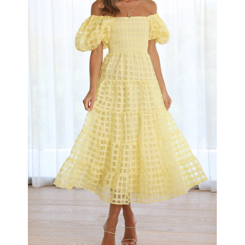 Off Shoulder Puff Sleeve Sundress - Элегантное женское летнее длинное платье с