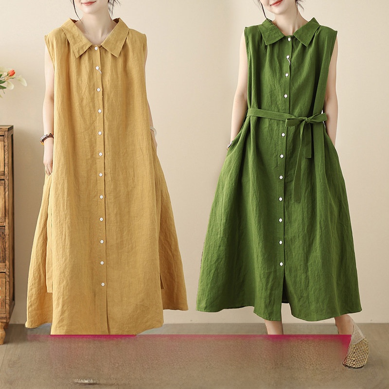 Casual Loose Linen Shirt Dress - Летнее новое женское платье-рубашка без рукавов,