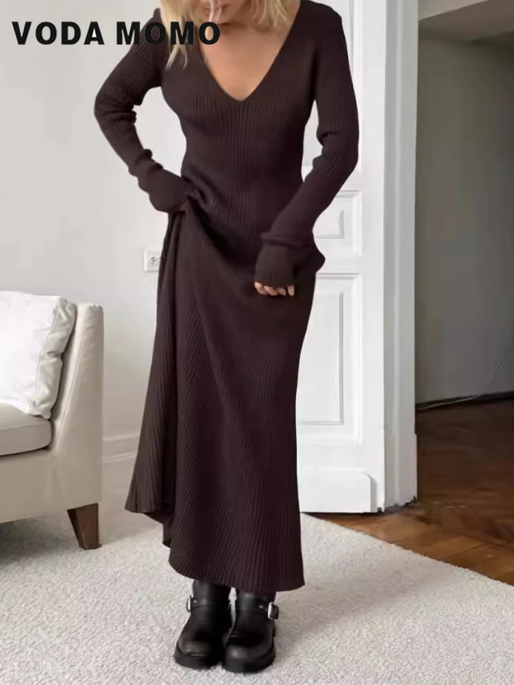 Bodycon Long Sleeve Ribbed Dress - Универсальные облегающие платья макси с длинными