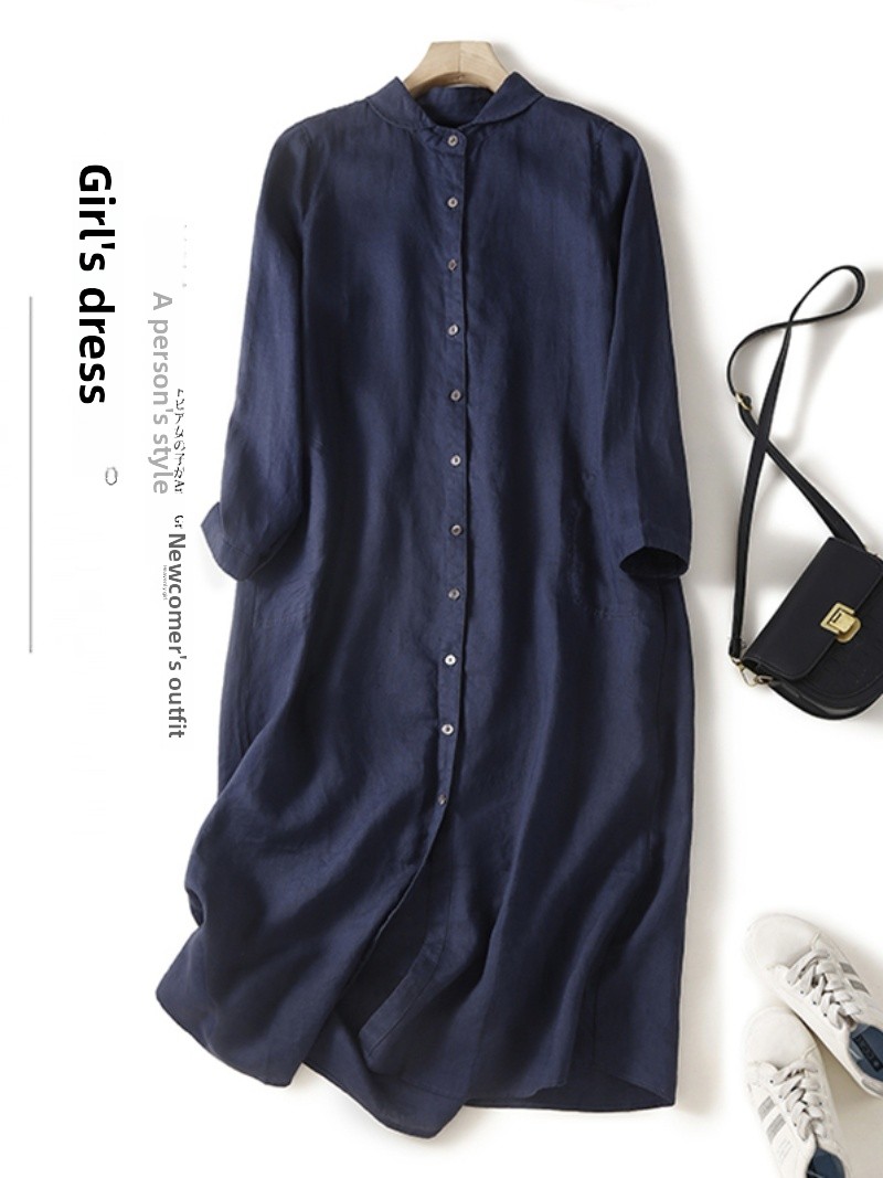 Casual Loose Linen Shirt Dress - Льняное хлопковое платье-рубашка с длинным рукавом,
