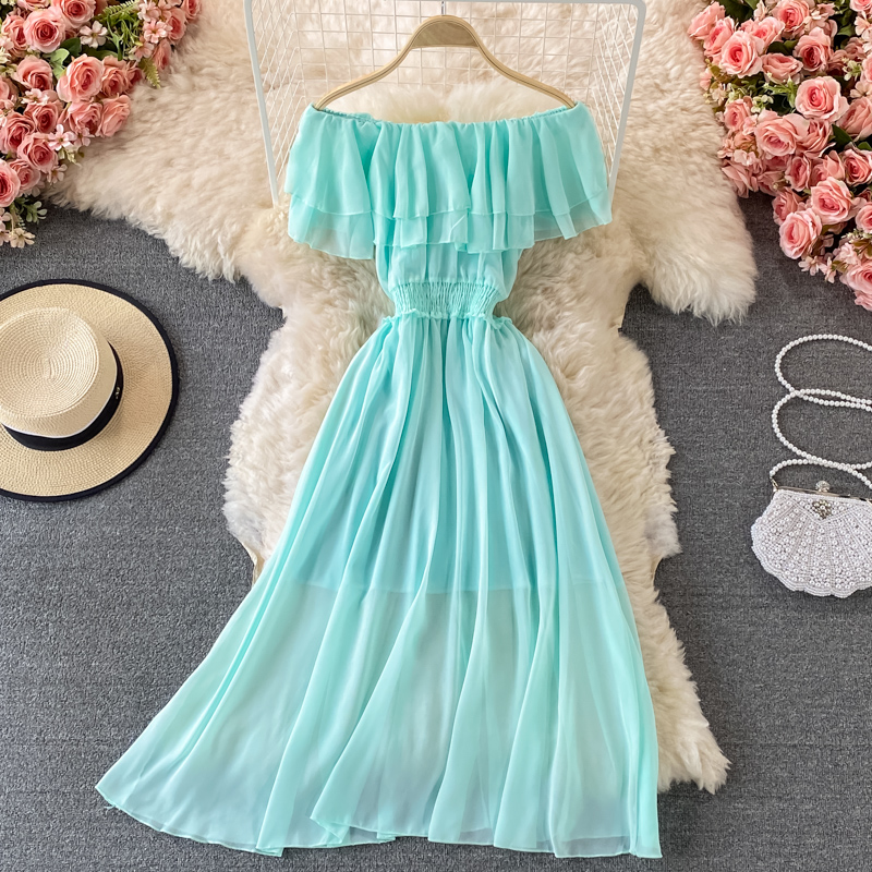 Желтое однотонное женское пляж – обзор и цена Off Shoulder Puff Sleeve Sundress