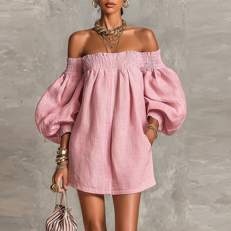 Женское однотонное новое плать – обзор и цена Off Shoulder Puff Sleeve Sundress