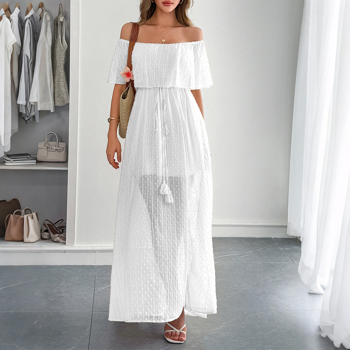 Элегантное женское летнее повс – обзор и цена Off Shoulder Puff Sleeve Sundress