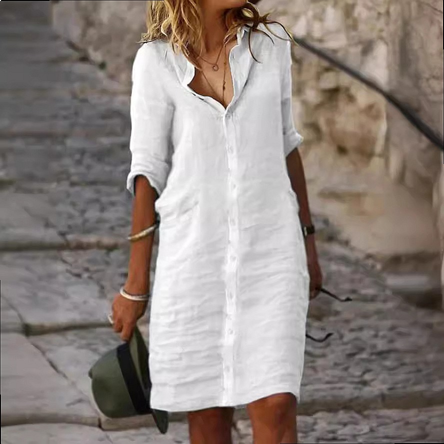 Свободного кроя платье-рубашка – обзор и цена Casual Loose Linen Shirt Dress