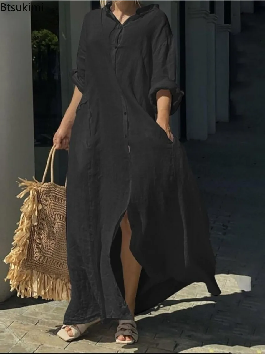 Женское повседневное хлопково- – обзор и цена Casual Loose Linen Shirt Dress