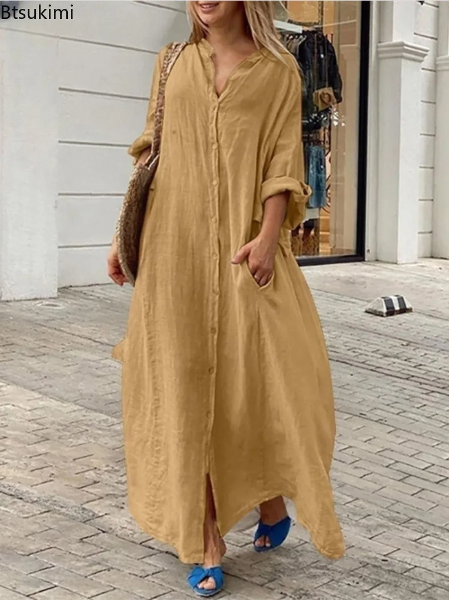 Женское повседневное хлопково- – обзор и цена Casual Loose Linen Shirt Dress