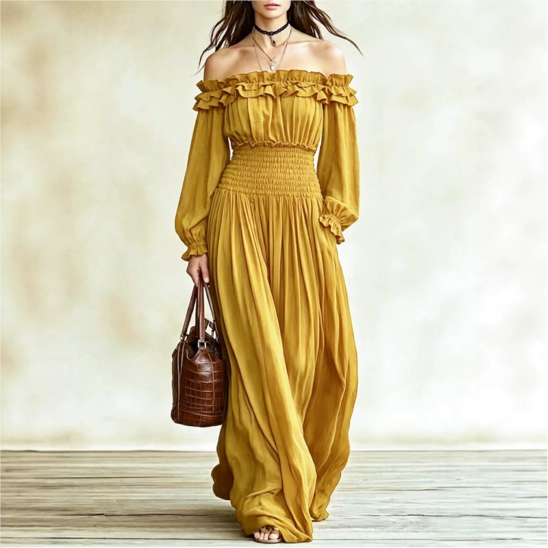 Модные макси-платья с открытым – обзор и цена Off Shoulder Puff Sleeve Sundress