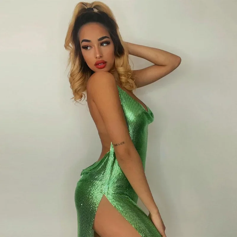 Позолоченное мини-клубное вече – обзор и цена Y2K Backless Halter Mini Dress